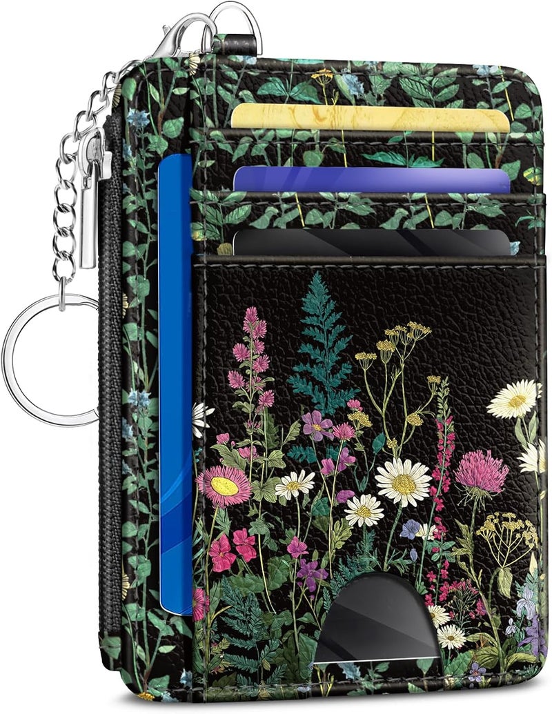 Kelvoris Wildflower Credit Card Holder Small Wallet Women, Flowers Slim RFID Blocking Wallet Woman Keychain with Zipper Coin Pocket, Front Pocket Thin Travel Card Case with ID Window for Ladies Gifts - Image 1